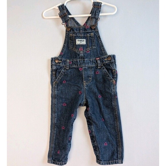 OshKosh B’gosh Other - OshKosh B'gosh Overall Bibs Pink Hearts Denim 12 Months Blue Baby Toddler Girl